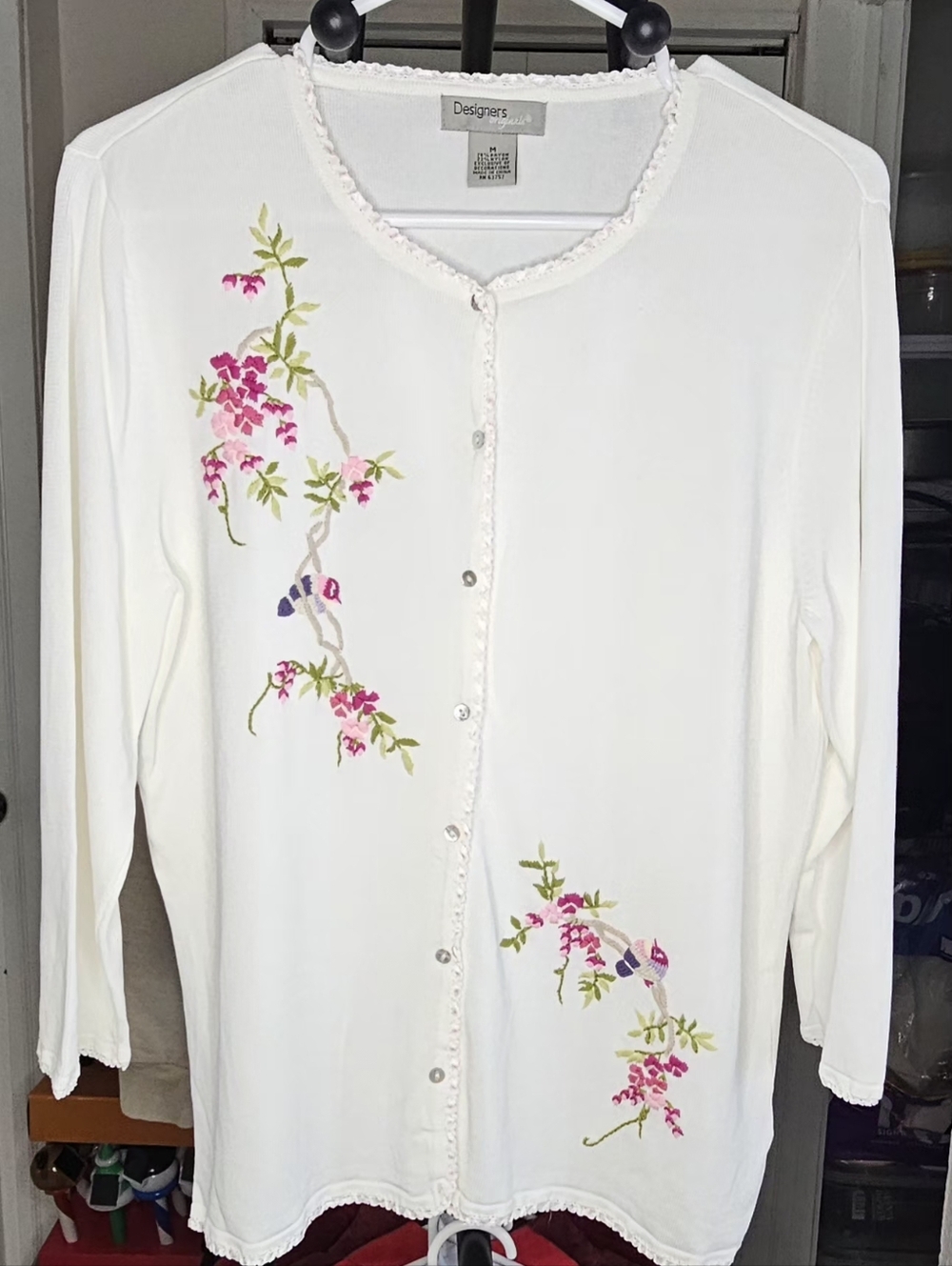 Vintage Designers Originals Cream Embroidered Cardigan Hummingbird Floral Size M